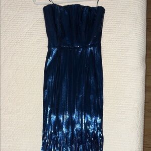 Dress the Population Blue Strapless Sheath Dress Cocktail with Fringe
